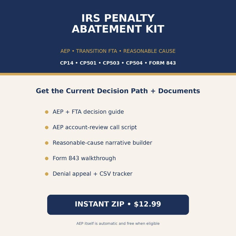 May include: An IRS Penalty Abatement Kit document featuring a dark blue header with white text listing AEP, Transition FTA, Reasonable Cause, CP14, CP501, CP503, CP504, and Form 843. The light beige body lists decision paths and document guides.