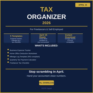 Self-Employed Tax Organizer 2026 | Auto-Calc Excel + Google Sheets | Quarterly Estimated Tax Calculator, Schedule C, Mileage Log