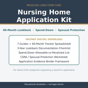 May include: A digital nursing home application kit for Medicaid long-term care. The text includes 60-month lookback, spend-down, spousal protection, 7 guides, a 60-month tracker spreadsheet, a 5-year lookback documentation checklist, and a binder framework.