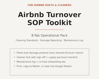 Airbnb Host & Cleaner SOP Toolkit | Omzetpakket met 8 tabbladen | Reinigingsnormen + Schaderapportage + Onderhoudslogboek