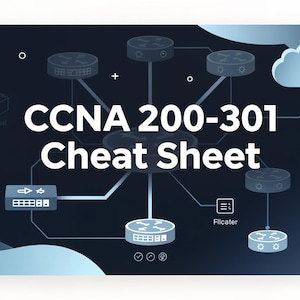 May include: A dark blue graphic with the text "CCNA 200-301 Cheat Sheet" in white. The image depicts a network diagram with routers, a cloud, and other network components. The Cisco logo is in the bottom right corner.