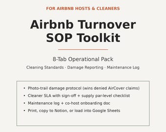 Airbnb Host & Cleaner SOP Toolkit | Omzetpakket met 8 tabbladen | Reinigingsnormen + Schaderapportage + Onderhoudslogboek