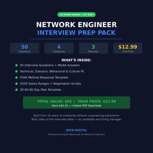 Puede incluir: Gráfico azul oscuro con el texto "NETWORK ENGINEER INTERVIEW PREP PACK". Incluye información sobre preguntas de entrevista, rangos salariales y un plan de 30-60-90 días. Disponible como descarga instantánea en PDF.