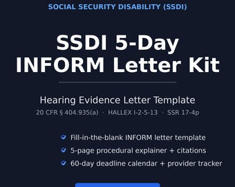 SSDI-briefsjabloon voor hoorbewijs | Informatiekit voor 5 dagen | 20 CFR 404.935 | Sociale zekerheid Handicap ALJ Hearing | Direct downloaden