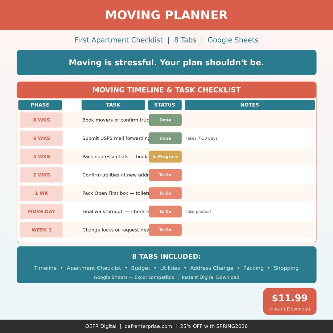 Moving Planner & First Apartment Checklist 2026 | Google Sheets Moving ...
