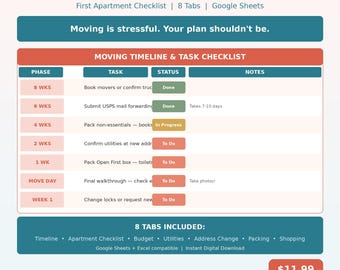 Verhuisplanner en checklist eerste appartement 2026 | Verplaatsingsbudget voor Google Spreadsheets