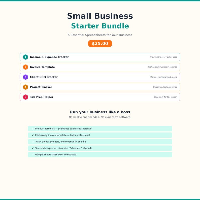 Paquete de hojas de cálculo para pequeñas empresas: contabilidad, facturación, CRM, seguimiento de proyectos, preparación de impuestos, Google Sheets y Excel. imagen 1
