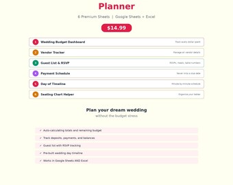 Wedding Budget Tracker 2026, spreadsheet bruiloftplanner, sjabloon gastenlijst, leveranciersbetalingen, tabel met stoelen, Google Spreadsheets Excel