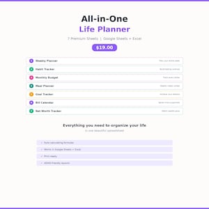 All-in-One Life Planner: Weekly, Budget, Habit, Meal Tracker (Google Sheets + Excel)
