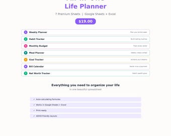 Alles-in-één levensplanner: wekelijks, budget, gewoonte, maaltijdtracker (Google Spreadsheets + Excel)