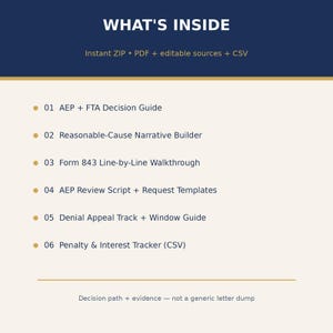 May include: A digital document list titled WHAT'S INSIDE with the subtitle Instant ZIP, PDF, editable sources, and CSV. It lists six items: 01 AEP + FTA Decision Guide, 02 Reasonable-Cause Narrative Builder, 03 Form 843 Line-by-Line Walkthrough, 04 AEP Review Script + Request Templates, 05 Denial Appeal Track + Window Guide, and 06 Penalty & Interest Tracker (CSV). The footer text reads: Decision path + evidence &mdash; not a generic letter dump.