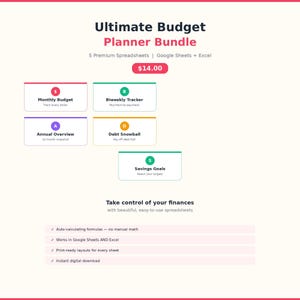 Może przedstawiać: Cyfrowy pakiet Ultimate Budget Planner z 5 arkuszami kalkulacyjnymi premium dla Google Sheets i Excel. Zawiera budżet miesięczny, dwutygodniowy tracker, przegląd roczny, kulę śnieżną zadłużenia i cele oszczędnościowe.