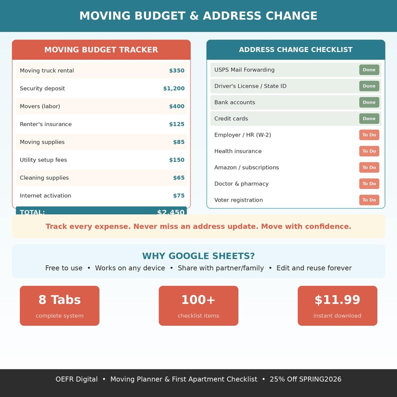 Moving Planner & First Apartment Checklist 2026 | Google Sheets Moving ...