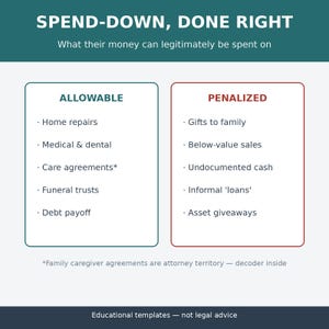 May include: An educational infographic titled SPEND-DOWN, DONE RIGHT. It features two columns: ALLOWABLE, listing home repairs, medical & dental, care agreements, funeral trusts, and debt payoff; and PENALIZED, listing gifts, below-value sales, cash, loans, and giveaways.