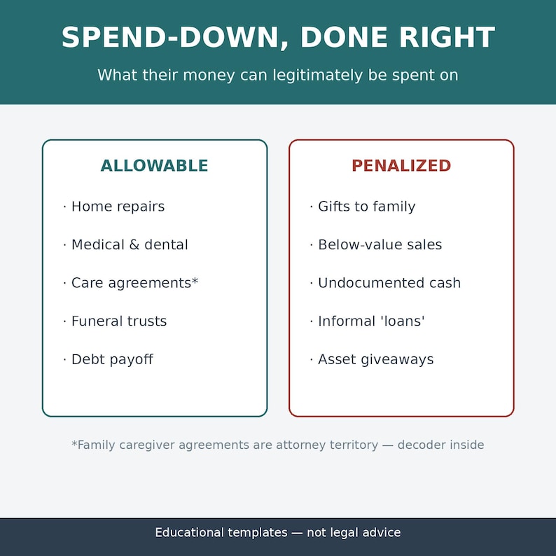 May include: An educational infographic titled SPEND-DOWN, DONE RIGHT. It features two columns: ALLOWABLE, listing home repairs, medical & dental, care agreements, funeral trusts, and debt payoff; and PENALIZED, listing gifts, below-value sales, cash, loans, and giveaways.