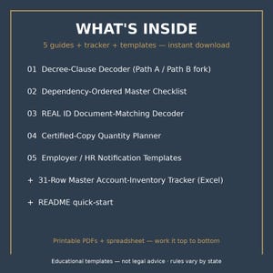 May include: A dark blue informational graphic with gold borders listing contents: 5 guides, tracker, and templates. Items include Decree-Clause Decoder, Dependency-Ordered Master Checklist, REAL ID Document-Matching Decoder, Certified-Copy Quantity Planner, Employer/HR Notification Templates, 31-Row Master Account-Inventory Tracker, and README quick-start.