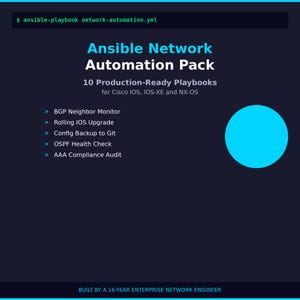 May include: Dark blue graphic with the text "Ansible Network Automation Pack" and a list of features. Includes a bright blue circle and the text "10 Production-Ready Playbooks for Cisco IOS, IOS-XE and NX-OS."