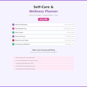 Op de afbeelding: Een digitale Self-Care & Wellness Planner met een lichtpaarse achtergrond. De planner bevat secties voor zelfzorg, dagelijks welzijn, gewoonte volgen, huidverzorging, menstruatiecyclus volgen en doelen stellen. De tekst "Take care of yourself first" is ook zichtbaar.