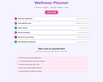 Self Care Wellness Planner Spreadsheet Habit Tracker Mood Journal Skincare Routine Google Sheets Excel