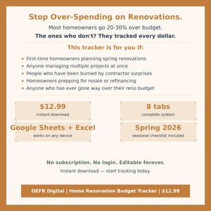May include: A tan graphic with text promoting a home renovation budget tracker. The text includes "Stop Over-Spending on Renovations" and lists features like Google Sheets and Excel compatibility. It also mentions "8 tabs" and a "Spring 2026" checklist.
