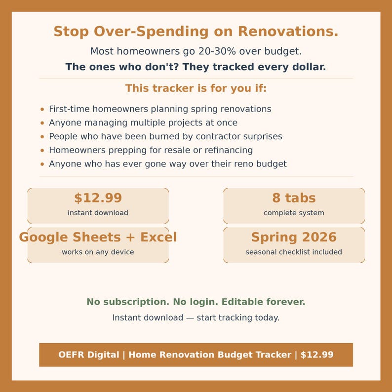 May include: A tan graphic with text promoting a home renovation budget tracker. The text includes "Stop Over-Spending on Renovations" and lists features like Google Sheets and Excel compatibility. It also mentions "8 tabs" and a "Spring 2026" checklist.