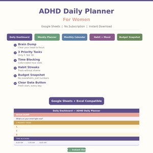 ADHD Daily Planner Google Sheets 2026 | Habit Tracker Neurodivergent Planner Women | Digital