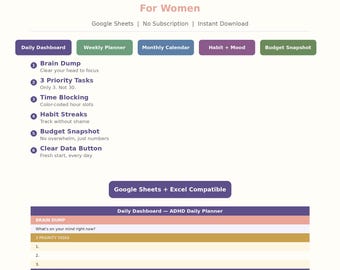 ADHD-dagplanner Google Spreadsheets 2026 | Habit Tracker Neurodivergent Planner Dames | Digitaal