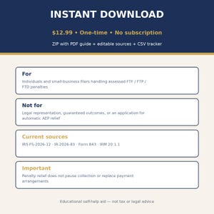 May include: A digital information graphic titled INSTANT DOWNLOAD, detailing a ZIP file containing a PDF guide, editable sources, and a CSV tracker. It lists sections for For, Not for, Current sources, and Important, noting it is an educational self-help aid.