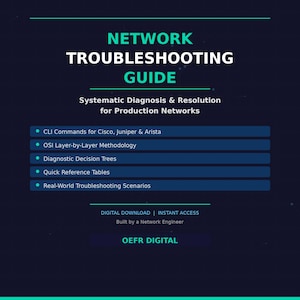 May include: A digital guide titled "Network Troubleshooting Guide" with a dark blue background. The guide includes sections on CLI commands, OSI methodology, diagnostic trees, and troubleshooting scenarios. The text "OEFR DIGITAL" is at the bottom.