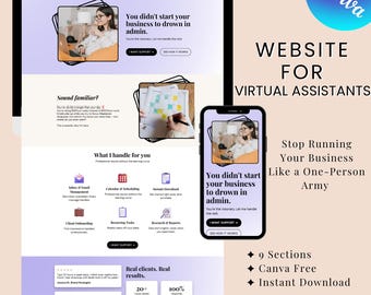 Canva Kostenlose moderne Website für virtuellen Assistenten bearbeitbare Vorlagenservice Business Design Digital Download