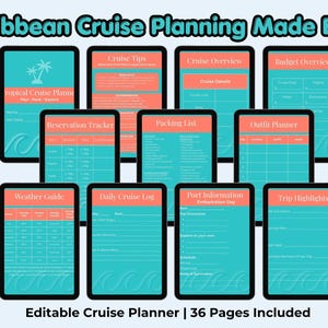 May include: A digital Caribbean cruise planner with various pages, including a weather guide, packing list, and daily cruise log. The planner features a teal and coral color scheme with the text "Caribbean Cruise Planning Made Easy" at the top. The planner includes 36 pages.
