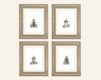 4 Set of Sepia Pagoda Style Garden Houses Archival Quality Prints
