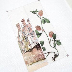 May include: Two rectangular bookmarks with watercolor illustrations. One depicts a stately brick building with multiple chimneys and a stone wall. The other shows a detailed botanical drawing of a clover plant with green leaves and reddish-brown flower heads.