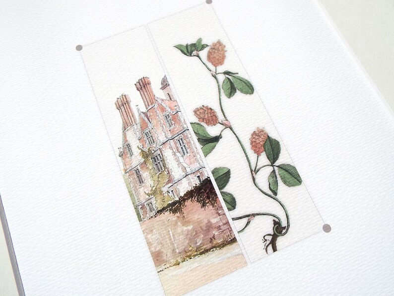 May include: Two rectangular bookmarks with watercolor illustrations. One depicts a stately brick building with multiple chimneys and a stone wall. The other shows a detailed botanical drawing of a clover plant with green leaves and reddish-brown flower heads.