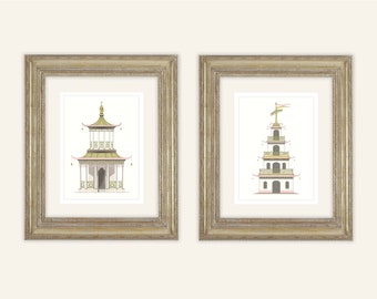 Set of 2 Pastel Pagoda Architectural Drawing Prints on Watercolor Paper