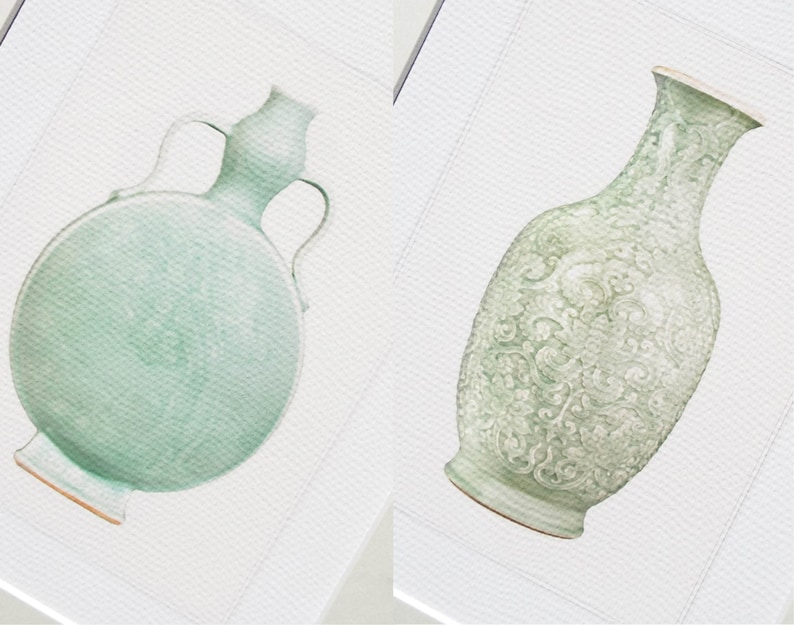 6 Set of Chinoiserie Celadon Green Porcelain Vase Illustrations Archival Prints image 3