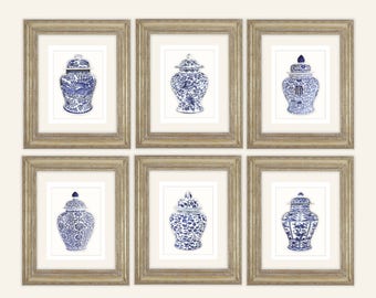 Lot de 6 impressions chinoises en pot de gingembre bleu et blanc sur papier aquarelle