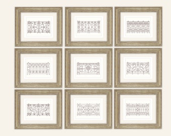 Set of 9 French Architectural Drawings of Gate Designs on Archival Watercolor Paper