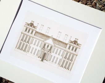 Architectural Drawing Building with 2 Towers Archival Print