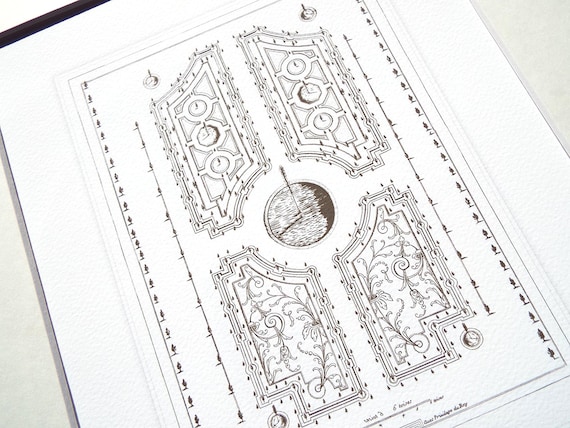 Antique French Garden Plan 4 In Sepia, Navy & Sea Glass Blue Archival Print