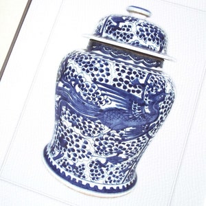 Blue & White Chinoiserie Porcelain Ginger Jar 5 Archival Print on Watercolor Paper