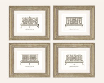 Set med 4 Chinoiserie-trädgårdsbänkillustrationer i sepia på arkiverat akvarellpapper