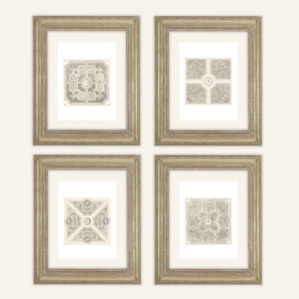 Set of 4 Square French Garden Plans in Sepia & Navy Archival Prints on Watercolor Paper