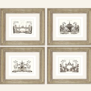 Set di 4 disegni architettonici di arte cinese in seppia, stampe di qualità d&#39;archivio su carta per acquerello