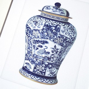 Blue & White Chinoiserie Porcelain Ginger Jar 8 Archival Print on Watercolor Paper