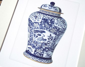 Blue & White Chinoiserie Porcelain Ginger Jar 8 Archival Print on Watercolor Paper