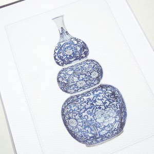 Blue & White Chinoiserie Porcelain Gourd Vase with Floral Vines Archival Print on Watercolor Paper