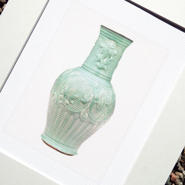 Chinoiserie Celadon Green Porcelain Flower & Vine Vase Antique Illustration Archival Print