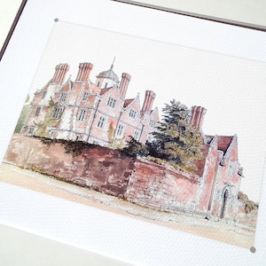 Antique Architectural Illustration of Pink Stone Country House Archival Print
