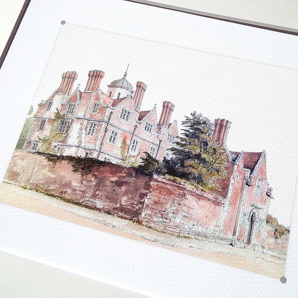 Antique Architectural Illustration of Pink Stone Country House Archival Print
